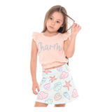 Conjunto Infantil Menina Blusa Babado Saia Com Shorts