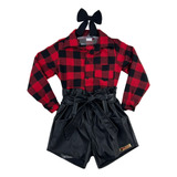 Conjunto Infantil Menina Camisa Xadrez E Short Moda Country