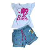 Conjunto Jeans Verão Infantil Menina Barbie Coração
