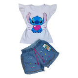 Conjunto Jeans Verão Infantil Menina Stitch Coração