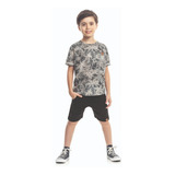 Conjunto Kids Menino Camiseta Cinza Bermuda Preta Moletom