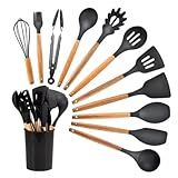 Conjunto Kit 12 Peças Utensílios De Cozinha Em Silicone E Cabo De Madeira Anti Aderente Premium