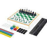 Conjunto Kit De Jogos 6 Em 1 Xadrez Ludo Damas Trilha Pega Varetas E Dominó Com Estojo Mdf Deluxe Junges