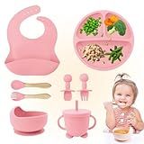 Conjunto Kit Refeição Bebê Prato Babador Copo Talher Silicone Ventosa Rosa 