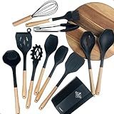 Conjunto Kit Utensílios Profissional 12 Peças Cozinha Silicone Com Cabo De Bambu PRETO X MATTE