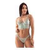 Conjunto Lingerie Cropped Renda Sexy Sensual Fio Duplo