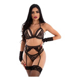 Conjunto Lingerie Sensual Feminino Detalhado Em Renda Luxo