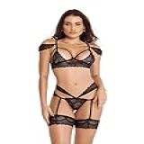 Conjunto Lingerie Sensual Rendado Cinta Liga Sem Bojo Renda -Preto- M-