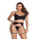 Conjunto Lingerie Sexy Cropped Calcinha Sensual Cirre Renda Preto M