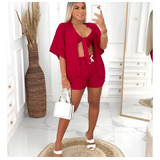 Conjunto Luxo Feminino Kimono Shorts Cropped 3 Peças Lanç