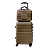 Conjunto Mala De Bordo Viagem Com Frasqueira Rodinha 360 Cor Bege Listras