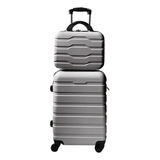 Conjunto Mala De Bordo Viagem Com Frasqueira Rodinha 360 Cor Cinza Listras