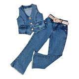 Conjunto Menina Colete Calça Flare Jeans Lycra Moda Country
