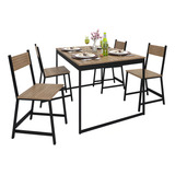 Conjunto Mesa 120x90 Design Nórdico Em Madeira E Ferro 4 Cadeiras Hera Estilo Industrial Laminado Com Preto Para Sala De Jantar E Cozinha
