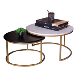 Conjunto Mesa De Centro Dourada Com Mdf Marmorizado E Preto