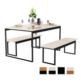 Conjunto Mesa Jantar 2 Bancos Pés Metal 120x80cm offwhite