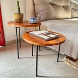 Conjunto Mesa Lateral Redonda Sala De Canto Ferro E Madeira