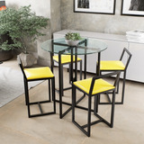 Conjunto Mesa Redonda Vidro 4 Cadeiras Pequena Estofado P Cor Amarelo