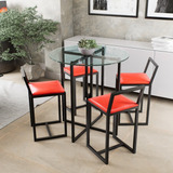 Conjunto Mesa Redonda Vidro 4 Cadeiras Pequena Estofado P Cor Vermelho