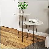 Conjunto Mesas De Canto Apoio E Lateral Pés Preto Em Metal Tripé Tampo Off White