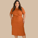 Conjunto Molentinho Cropped E Saia Midi Plus Size Com Manga