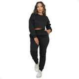 Conjunto Moletom Feminino Blusa Cropped E Calça Com Bolso