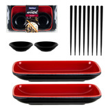 Conjunto Oriental Sushi Hashi Travessas Molheira Melamina