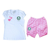 Conjunto Palmeiras Bebê Infantil Branco E Rosa Oficial