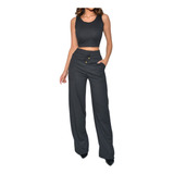 Conjunto Pantalona Feminina Wide Leg Blusa Cropped Verão Top