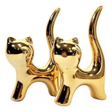 Conjunto Par Gato Dourado Cerâmica Porta Anel Decora Estante