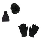 Conjunto Par Luvas Lã E Touca Pompom Grossa Adulto Frio