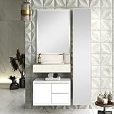 Conjunto Para Banheiro Com Espelho  Gabinete E Bancada Porcelanato Com Cuba Esculpida Pró 60cm Bumi Branco