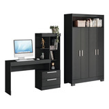 Conjunto Para Escritório 2 Peças Com Mesa E Armário 4 Portas Cor Preto Tx