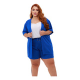 Conjunto Plus Size Kimono Cardigan Short Feminino Verão