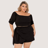 Conjunto Plus Size Short Saia Cropped Manga Curta Elegante