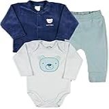 Conjunto Plush Bebe Menino Casaco Body E Culote Bordado Ursinho Azul Jeans P