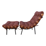 Conjunto Poltrona Costela Com Puff Couro Natural Legitimo