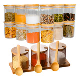 Conjunto Potes Temperos Condimentos De Vidro Tampa De Bambu