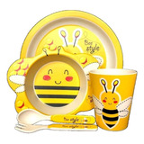 Conjunto Refeição Infantil Prato Copo Talher Bambu Eco 5pçs Cor Abelha