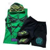 Conjunto Regata Hulk Infantil Máscara Fantasia Menino Shorts