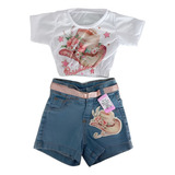 Conjunto Roupa Infantil Jeans Blusinha E Shorts Menina Luxo