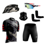 Conjunto Roupas Ciclismo C capacete Óculos Bandana Manguito
