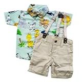 Conjunto SAFARI Camisa VERDE Bermuda BEGE Suspensório E Gravata Social Mesversário P 1 ANO 