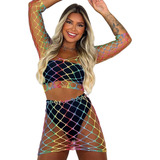 Conjunto Saia Cropped Sereia Arrastão Colorido Carnaval Sexy