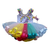 Conjunto Saia De Tutu Unicórnio Arco Íris Pompom Pérolas