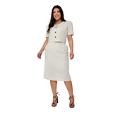 Conjunto Saia Midi Secretária Blusinha Linho Alfaiataria