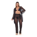 Conjunto Saída De Praia De Tule Com 2 Peças Calça E Kimono