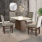 Conjunto Sala De Jantar Mesa 90x120cm Tampo Vidro Com 4 Cadeiras Madeira Maciça Tecido Joli Zamarchi