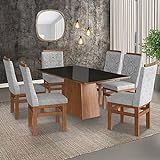 Conjunto Sala De Jantar Mesa 90x160cm Tampo Vidro Com 6 Cadeiras Madeira Maciça Tecido Linho Zamarchi