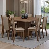 Conjunto Sala De Jantar Mesa Tampo De Madeira 8 Cadeiras Rustic Crema Bege Marisa Madesa